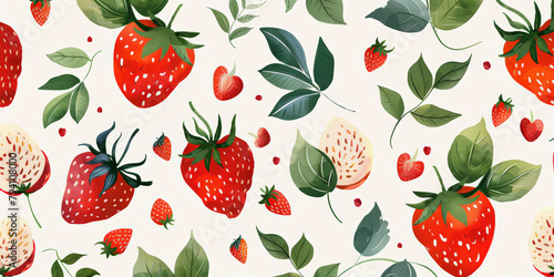 Pattern featuring ripe strawberries with green leaves and smaller berries against a light background. Perfect for fabric or wallpaper design.