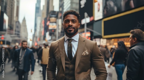b'A well-dressed man standing in the middle of a busy city street' photo