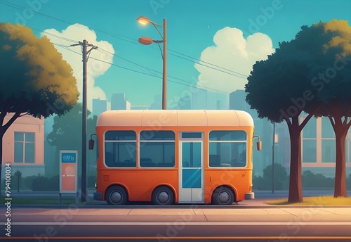 City crossroad with bus on transport intersection  street lamps. City scene with bus stop and buildings illustration