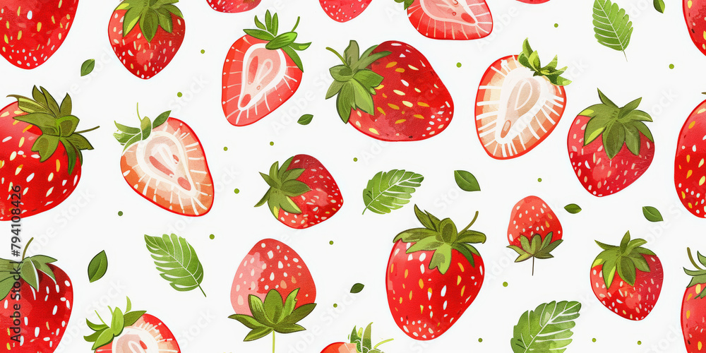 A patterned background with whole and half strawberries interspersed with green leaves and small seeds. Bright, cheerful, and fresh design.
