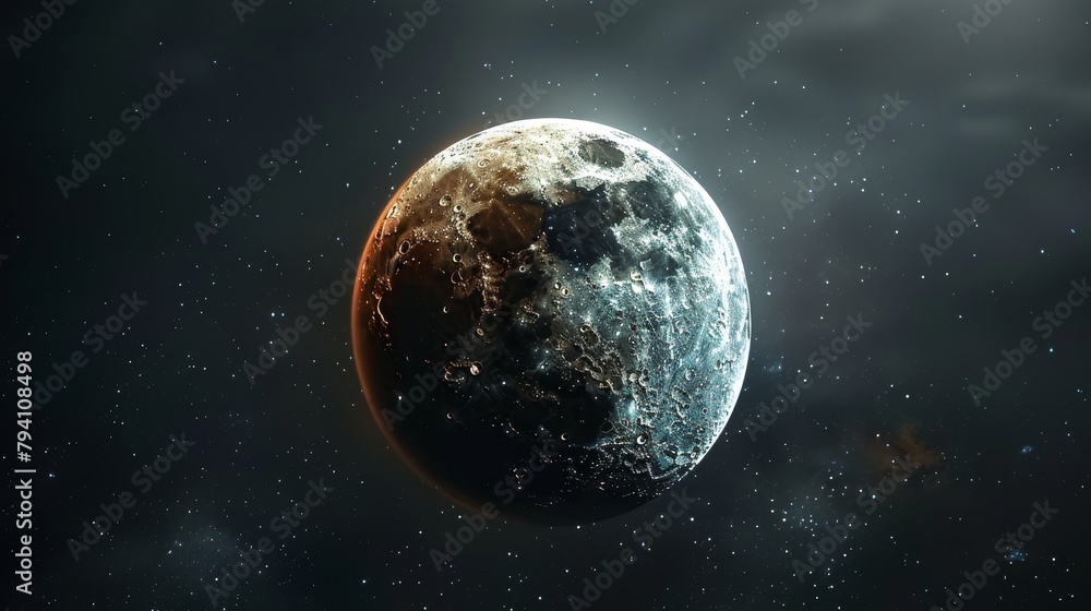Eclipse: A 3D illustration of a partial lunar eclipse, showing a portion of the moon passing into the Earth's shadow