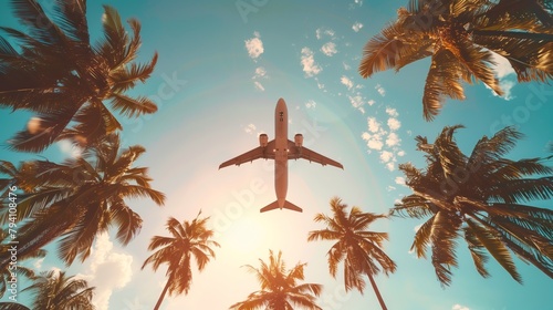 An airplane soars through the sky, framed by palm trees in the daylight photo