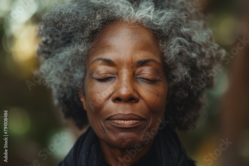 Grateful Senior African American woman closing eyes in Spiritual contemplation standing outside, close-up face of one black elderly gray hair lady in 80s feeling presence of GOD photo