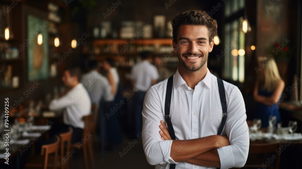 b'portrait of a smiling waiter in a restaurant'