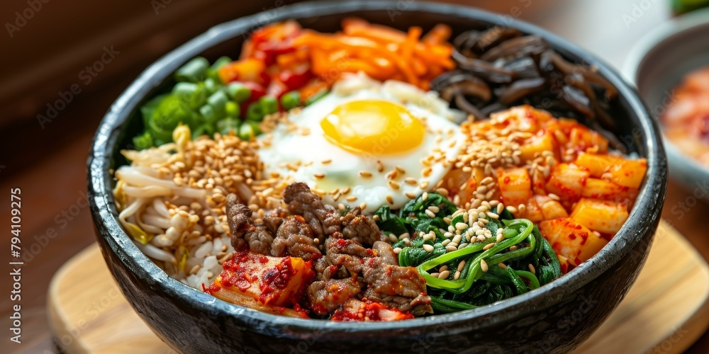 Korean traditional food Bibimbap with egg, beef, spinach and kimchi