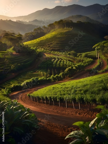 A winding road leads through a lush green vineyard