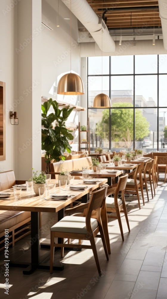 b'Elegant restaurant interior with natural lighting and stylish furniture' b'Elegant restaurant interior with natural lighting and stylish furniture'