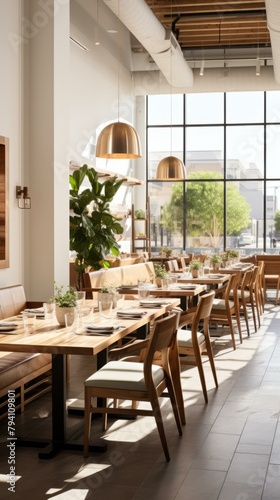 b'Elegant restaurant interior with natural lighting and stylish furniture'