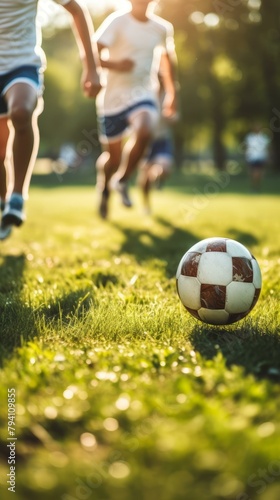 b'Blurred image of kids playing soccer on a field'