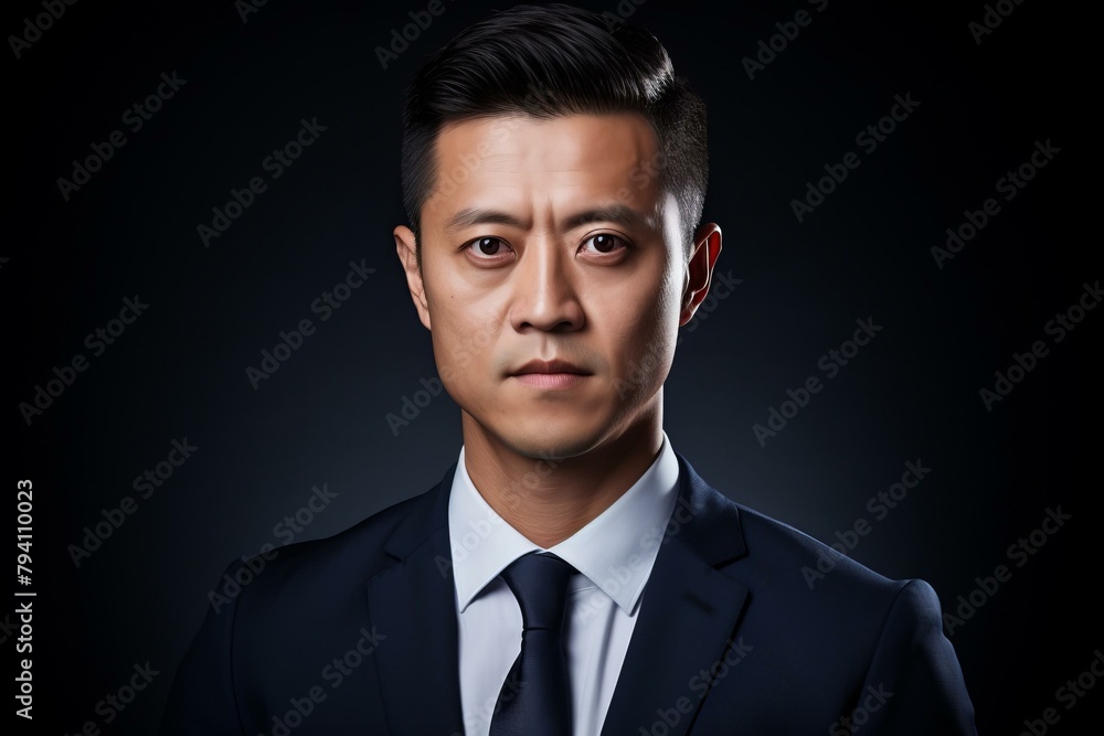 b'Portrait of a Serious Asian Businessman' b'Portrait of a Serious Asian Businessman'