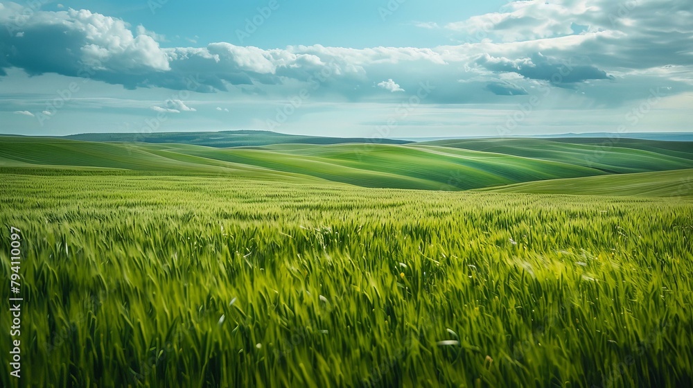 b'Green rolling hills of wheat field under blue sky and white clouds'