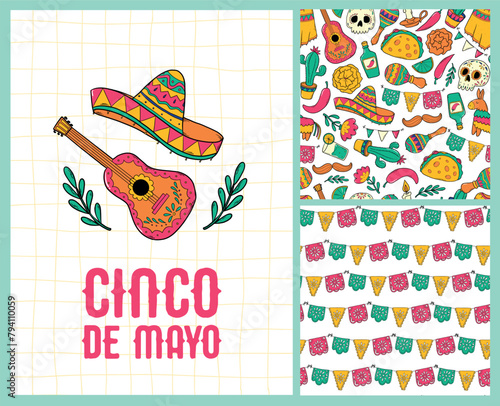 Cinco de mayo collection of seamless patterns and greeting card with doodles. Good fro wallpaper, wrapping paper, posters, prints, holiday decor. Dia de los muertos theme. EPS 10