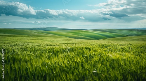 b Green rolling hills of wheat field under blue sky and white clouds 
