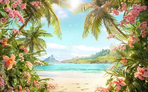 Tropical beach with palm trees and flowers, bright blue sky, beautiful scenery, sun rays shining on the sand, beach scene, colorful scene.