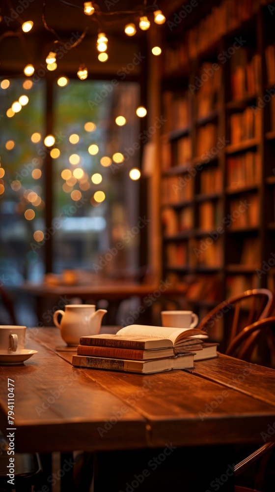 b'Books on a wooden table in a library' b'Books on a wooden table in a library'