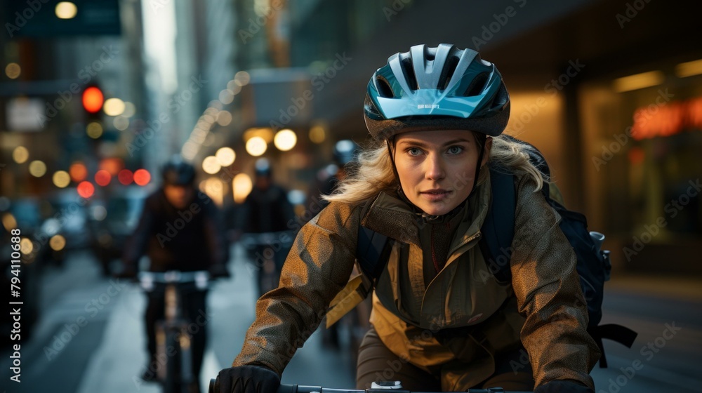 b'A cyclist rides her bike through a busy city street with a blurred background' b'A cyclist rides her bike through a busy city street with a blurred background'