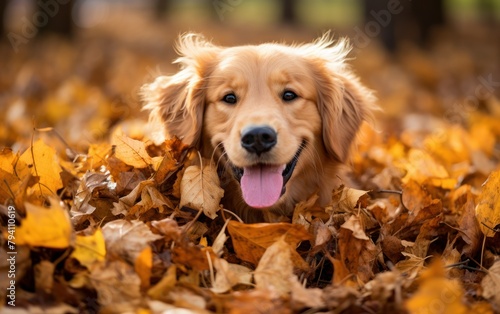 Happy Golden Retriever Enjoying Autumn Leaves