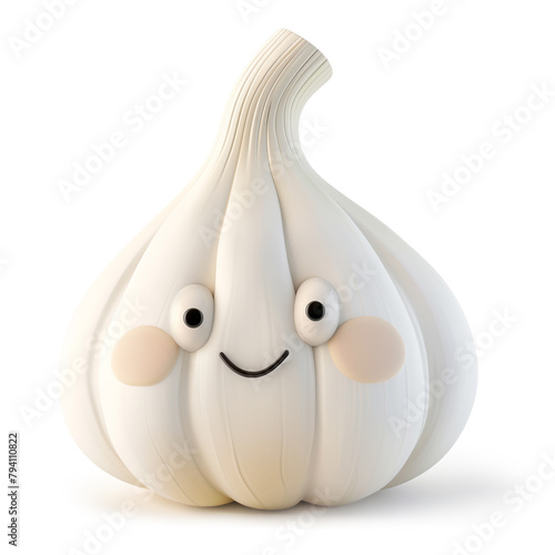 Smiling anthropomorphic garlic bulb character with rosy cheeks on white background