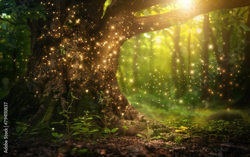 Enchanted Forest Scene with Sparkling Lights