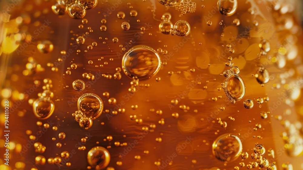 b'Close-up of bubbles in amber liquid'