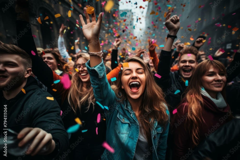 b'Ecstatic Crowd Celebrates with Confetti in the Air' b'Ecstatic Crowd Celebrates with Confetti in the Air'