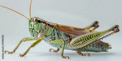 b'A green and brown grasshopper on a white background' © Adobe Contributor