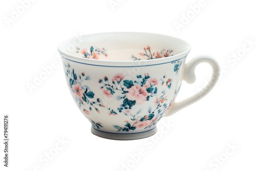 Vintage Ceramic Teacup with Flower Pattern - Isolated on White Transparent Background, PNG 
