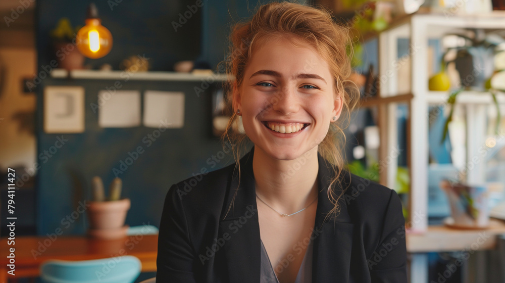 Happy business woman in job interview exuding confidence and positivity a perfect fit for the office environment, hiring image for startups Happy business woman in job interview exuding confidence and positivity a perfect fit for the office environment, hiring image for startups