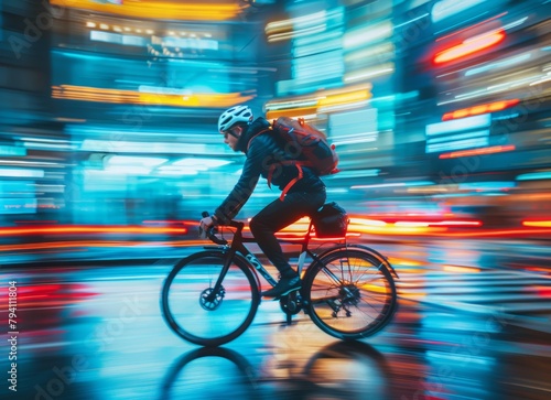 a man on a bicycle on a city street in the middle of the night, blurred lights