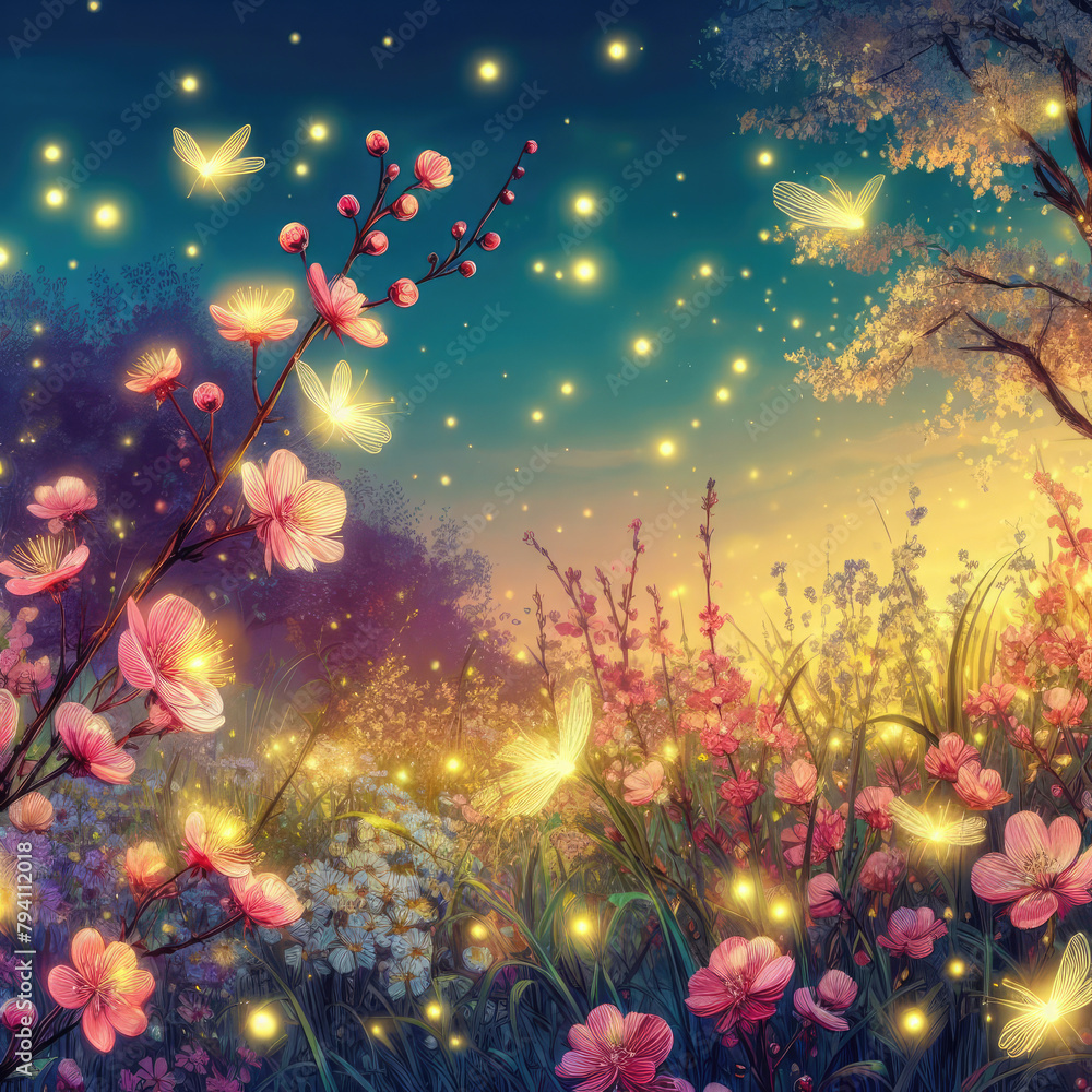 Generative AI Beautiful view of sparkling flowers blooming on a beautiful bright night, Beautiful flowers sparkling at night, Beautiful view of sparkling flowers, Beautiful night flowers in blooms