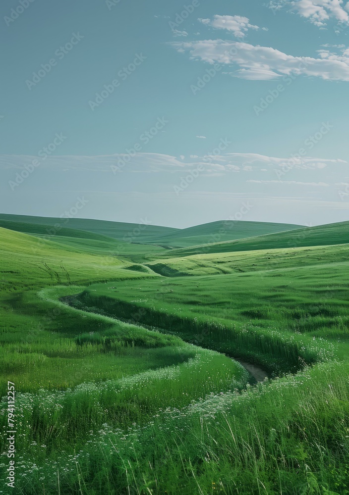 b'Green rolling hills under blue sky with white clouds'