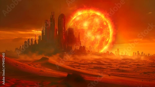 apocalyptic desert landscape with sun and abandoned city, science fiction cityscape, hot desert wind endless loop animation photo