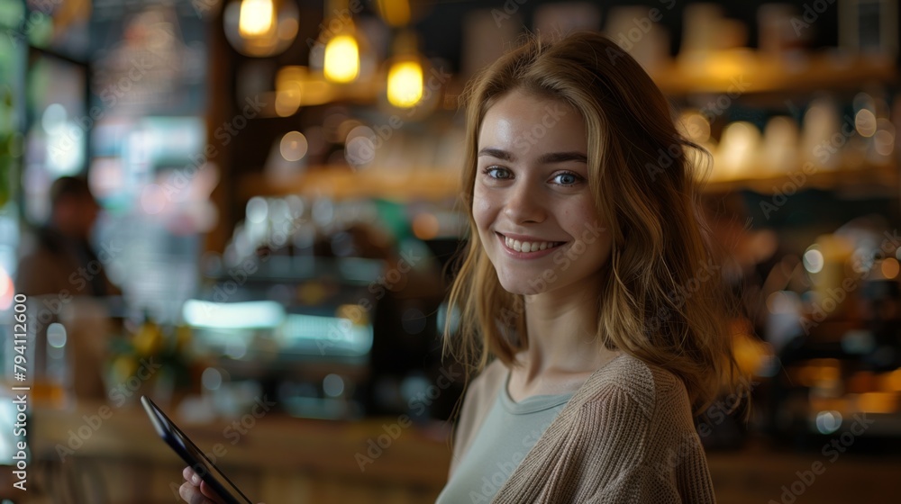 Smiling Young Woman at Café