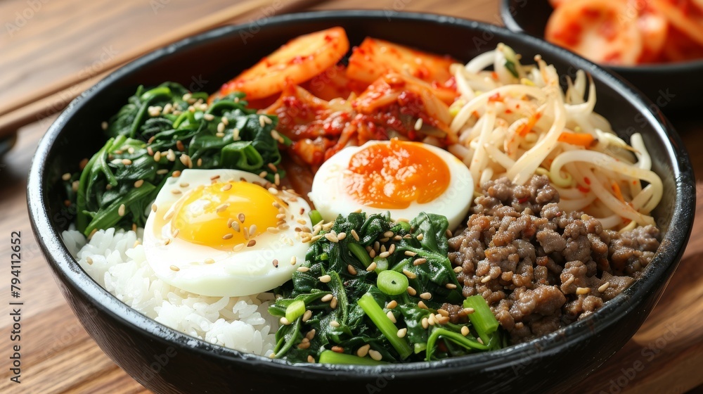 Korean Food Bibimbap With Rice, Beef, Egg And Vegetables In Black Bowl