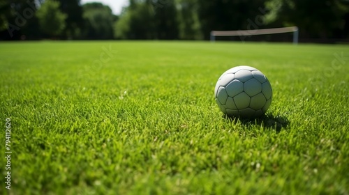 b'A soccer ball sits on the grass in front of an empty soccer goal.'