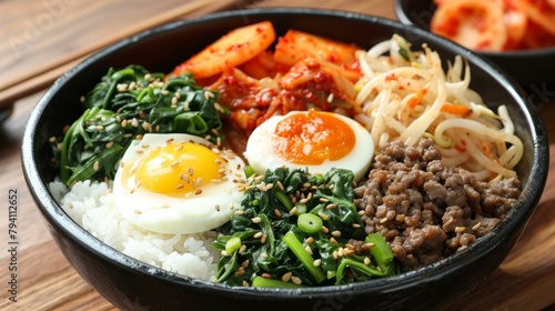 Korean Food Bibimbap With Rice, Beef, Egg And Vegetables In Black Bowl
