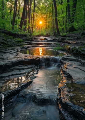 b'Small creek flowing through the forest with sun rays shining through the trees' photo