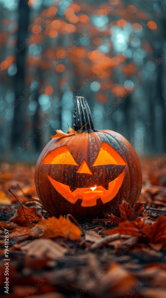 b'Spooky pumpkin glowing in the woods' b'Spooky pumpkin glowing in the woods'