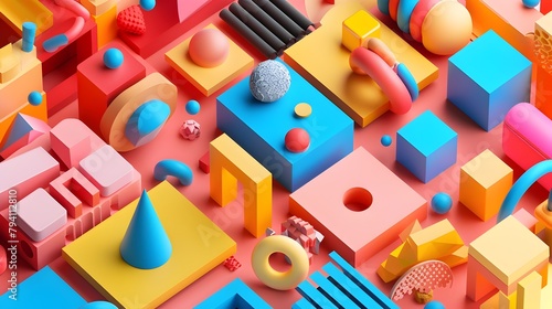 Playful Geometric Shapes Forming a Vibrant Isometric 3D Abstract Art Piece