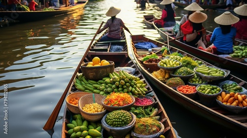 b'Floating market in Thailand with boats full of fresh fruits and vegetables'