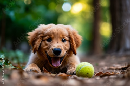 b'A cute golden retriever puppy playing with a tennis ball in the woods'