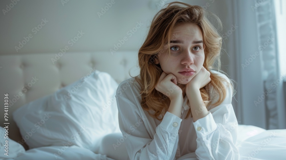 Woman Contemplating in Bedroom Woman Contemplating in Bedroom