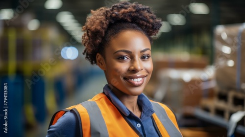 b'Portrait of a smiling African American woman wearing a reflective vest in a warehouse'