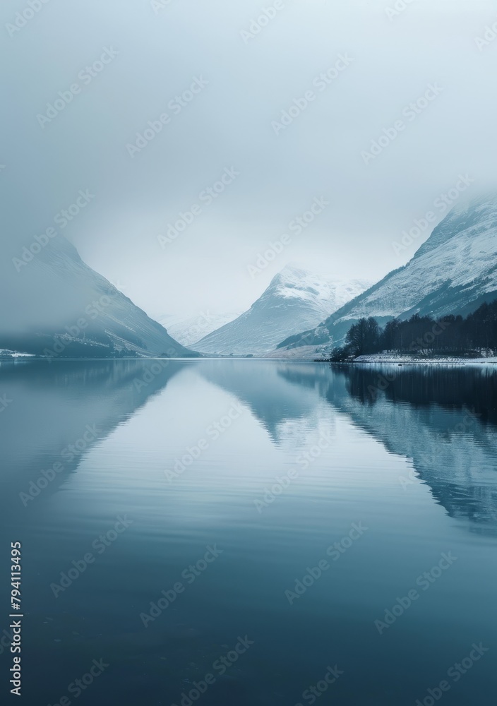 Misty mountains and calm lake