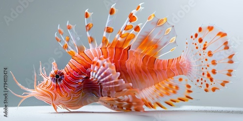 b'A red and white lionfish with its fins spread out' photo