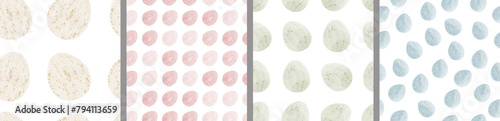 Watercolor set of seamless patterns. Collection of hand drawn pastel Easter eggs