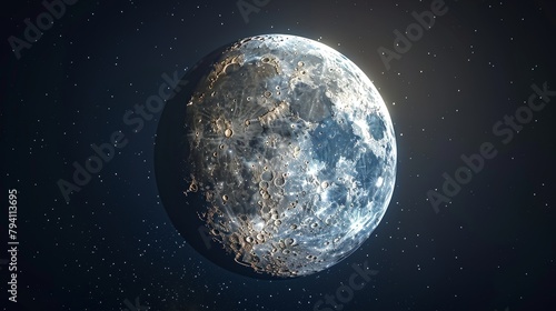 Moon: A 3D representation of the moon in its gibbous phase, showing a large portion photo
