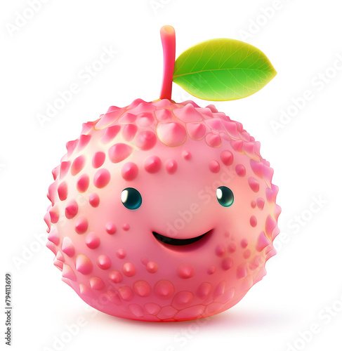 Blushing lychee character with a sweet smile and a green leaf on a white background