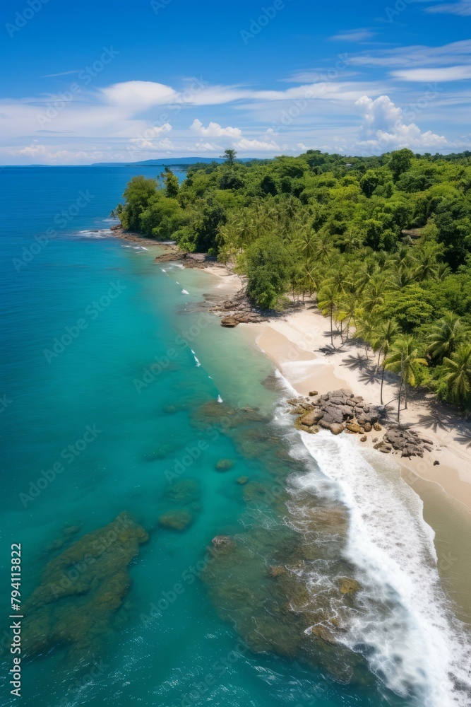 b'Aerial view of a tropical beach with palm trees and turquoise water'