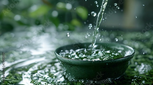 b'Green tea leaves with water drops and ripples'